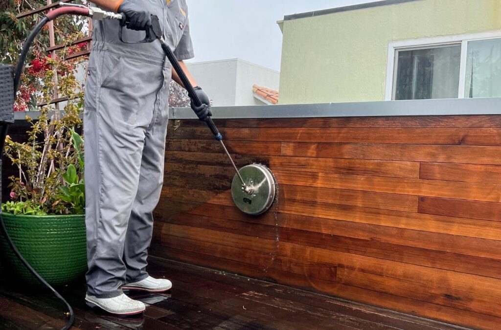 Slon Exterior Care specialist demonstrating detailed cleaning of concrete steps in Sunnyvale, CA, reflecting our reputation for thorough power washing. Power Washing near me.